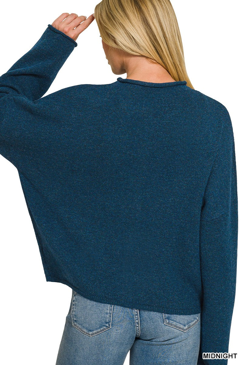 Midnight Wool Blend Rolled Edge Button- Down Sweater Cardigan