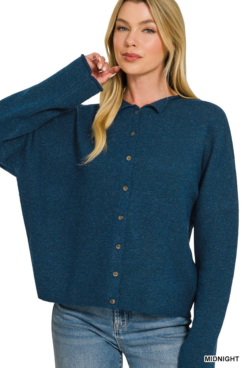 Midnight Wool Blend Rolled Edge Button- Down Sweater Cardigan