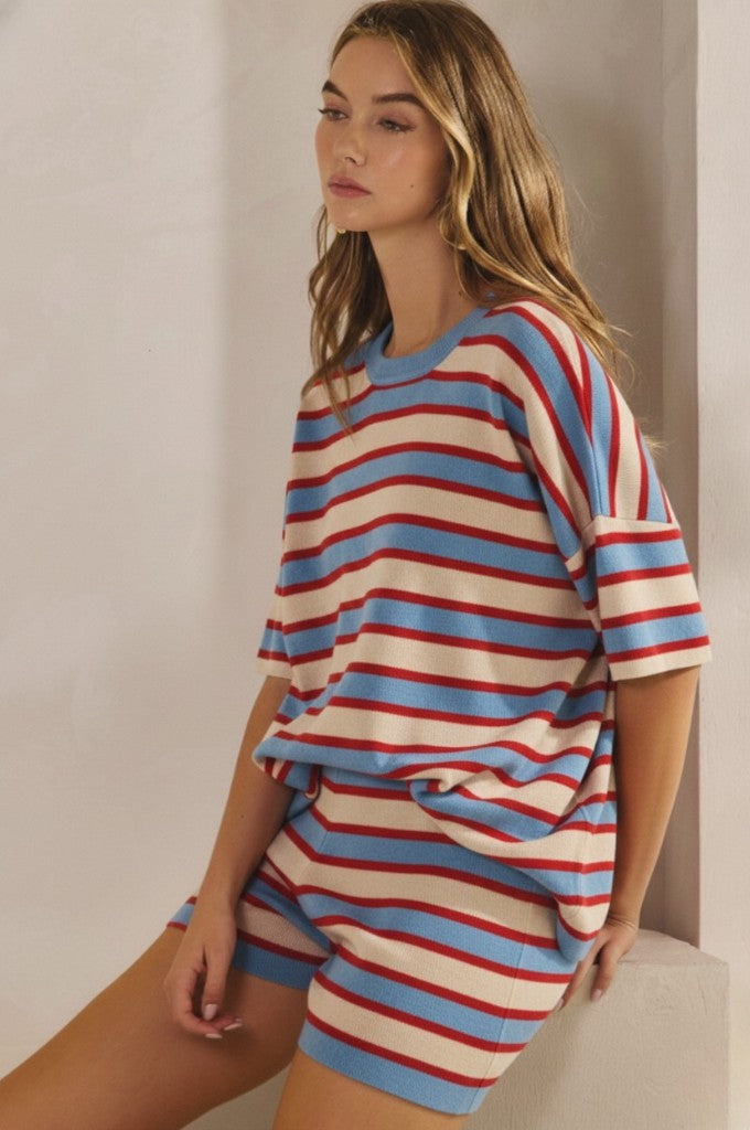Red White and Blue Soft Striped Long Sleeves Shorts Set