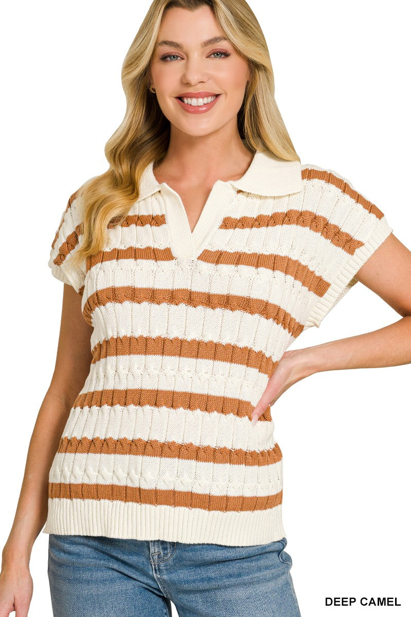 Textured Stripe Collared Sweater Vest Textured Stripe Collared Sweater Vest Deep Caramel