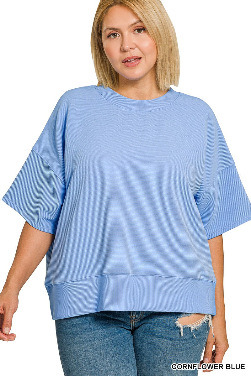 Cornflower Ribbed Round Neck Waist Banded Tee Shirts