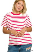 Red and White Stripe Ribbed Round Neck Waist Banded Tee Shirts