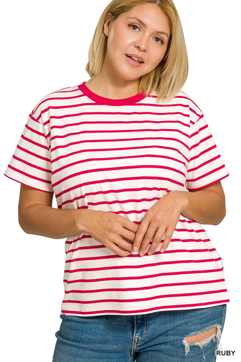 Red and White Stripe Ribbed Round Neck Waist Banded Tee Shirts