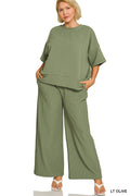 Green Ribbed Round Neck Tee & Pants Set