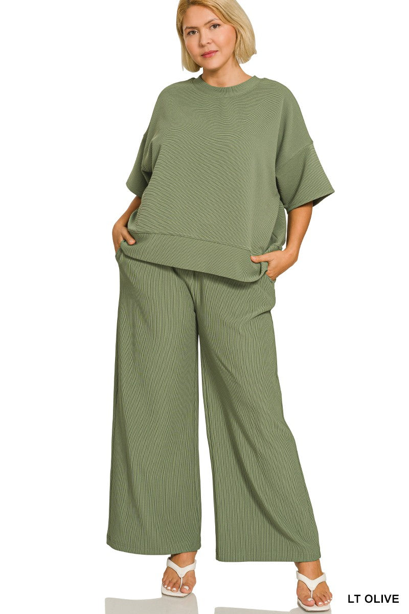 Green Ribbed Round Neck Tee & Pants Set