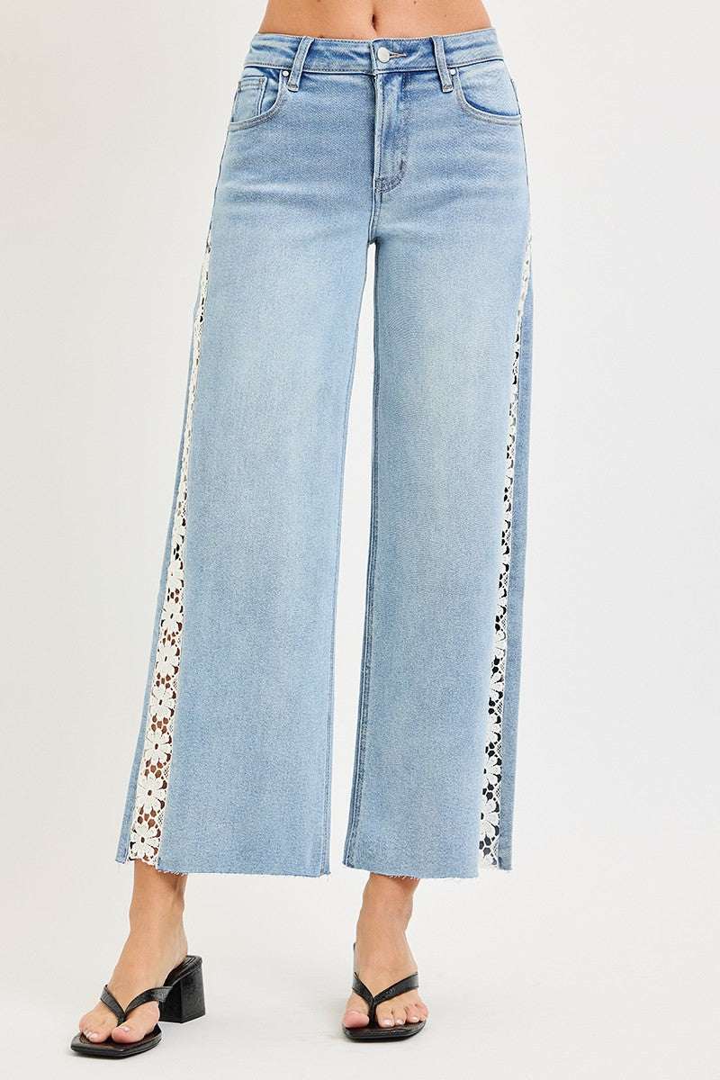 High Rise Crop Wide Flower Lace Jeans