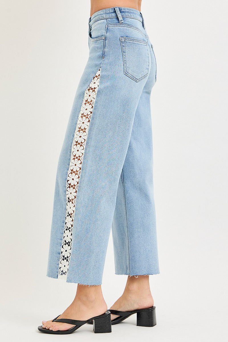 High Rise Crop Wide Flower Lace Jeans