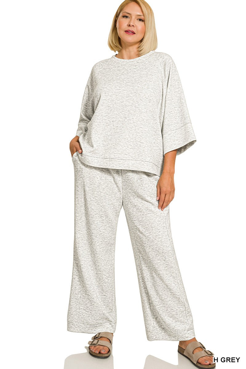 Curvy Scuba 3/4 Sleeve Pullover & Pants Set Heather Grey