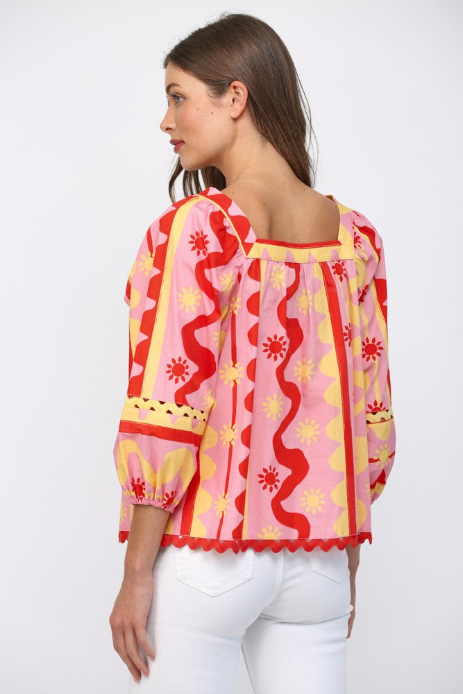Sun and Wave Pattern 3/4 Blouse