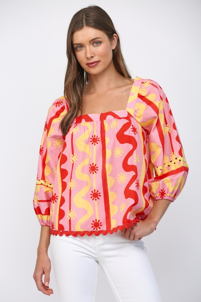 Sun and Wave Pattern 3/4 Blouse