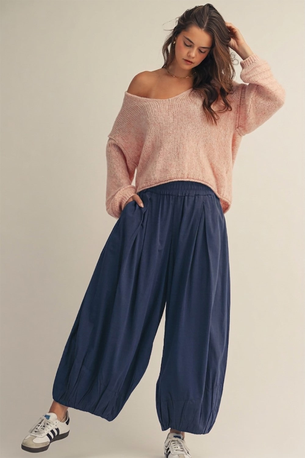 Navy Balloon Pleated Pants
