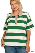 Green White  Striped Collared Polo Top
