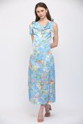 Blue Floral Satin Cowl Neckline Tie Shoulder Midi Dress