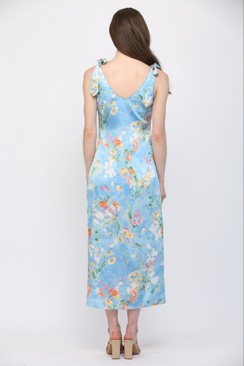 Blue Floral Satin Cowl Neckline Tie Shoulder Midi Dress