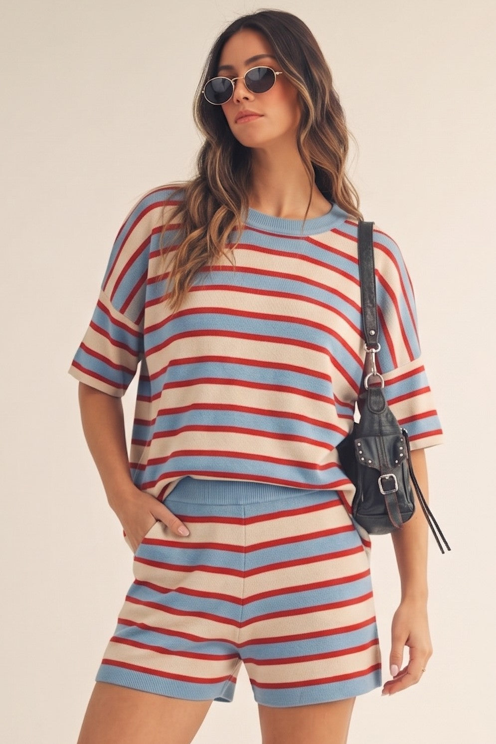 Red White and Blue Soft Striped Long Sleeves Shorts Set