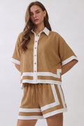 Brown Contrast Panel Oversized Shirt And Short Set