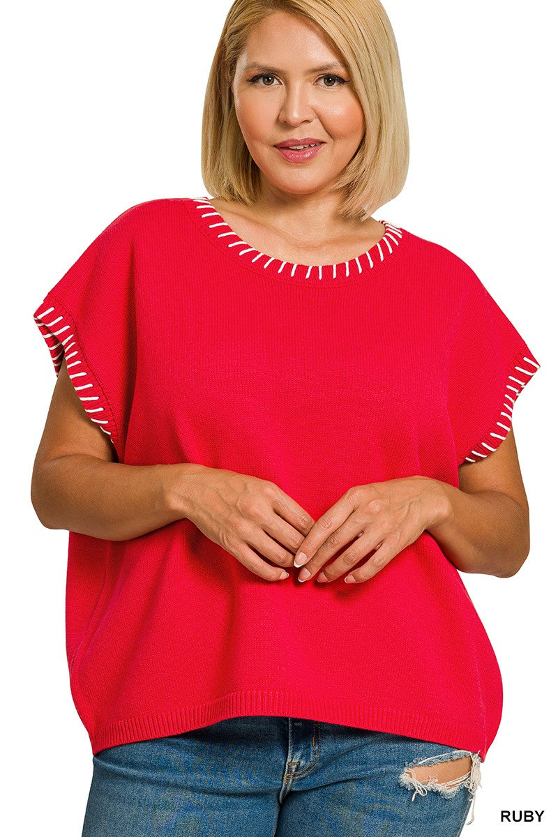 Curvy Stitch Detailed Oversize Sweater Vest Ruby