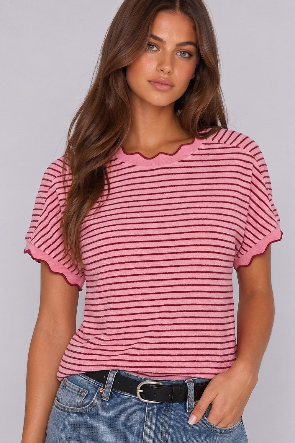 Pink & Burgandy Scallop Trim Stripe Knit Top