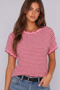 Pink & Burgandy Scallop Trim Stripe Knit Top