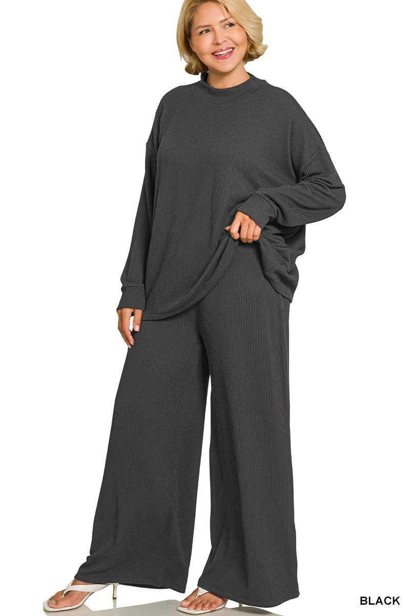 Black Curvy Raised Rib Mock Neck Long Sleeve Tee & Pants Set