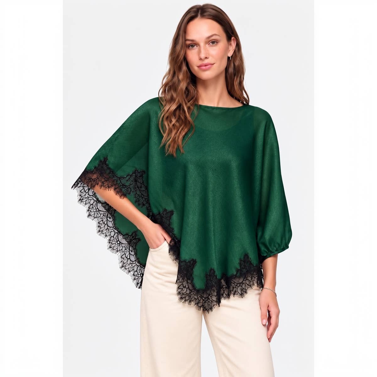Hunter Green Asymmetrical Lace Trim Poncho Top
