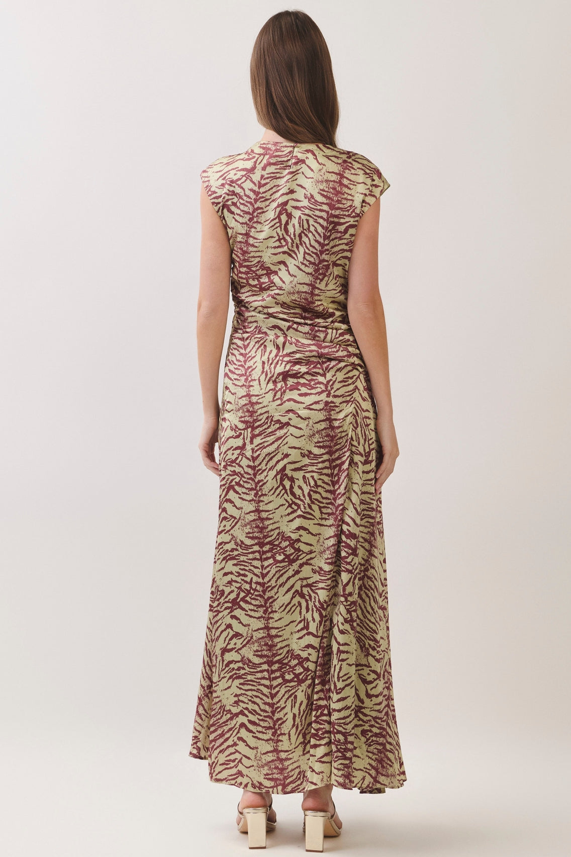 Green and Brown Zebra Printed Front Slit Draped Maxi Dress