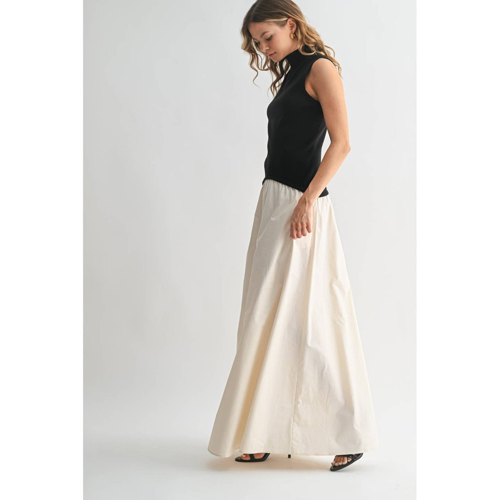 Black and Tan Mixed Media Mock Neck Maxi Dress