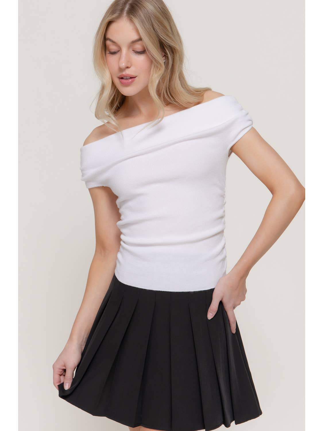 White Off the Shoulder Side Ruched Sweater Top