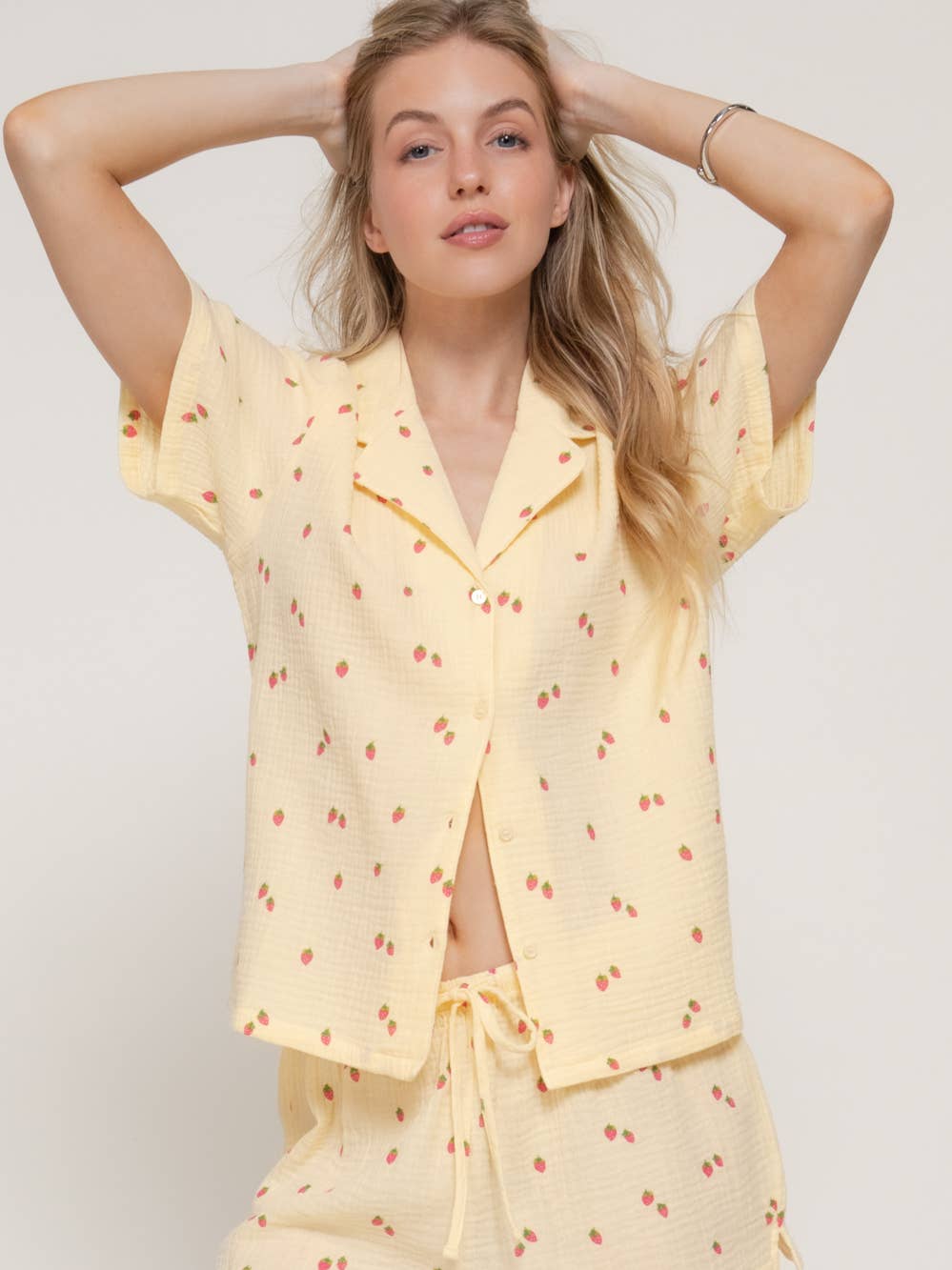 Yellow Strawberry All Over Print Short Sleeve Collar Shirt & Printed Short Set