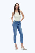 Mid Rise Cropped Raw Hem Straight Leg Jeans