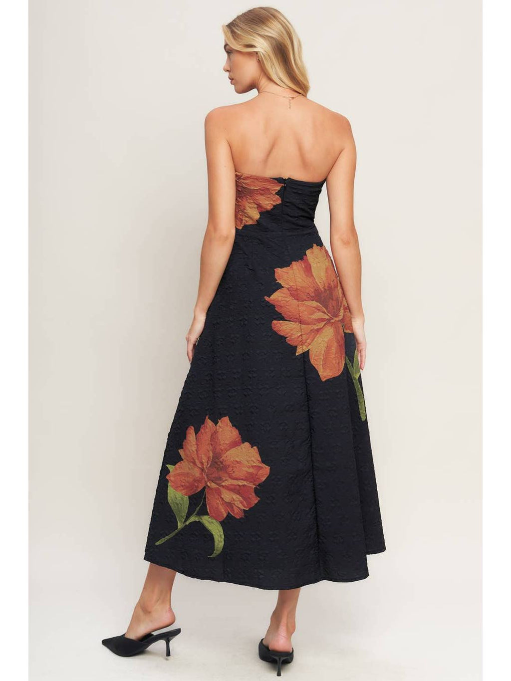 Black Printed Textured Flower Woven Midi Dress
