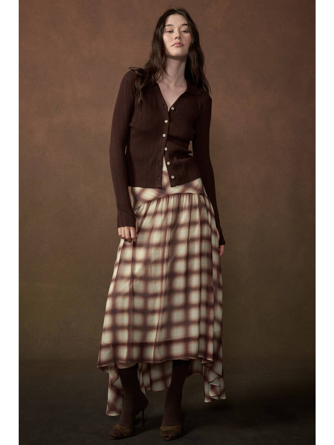 Plaid-Print Chiffon Layered Drop-Waist Maxi Skirt