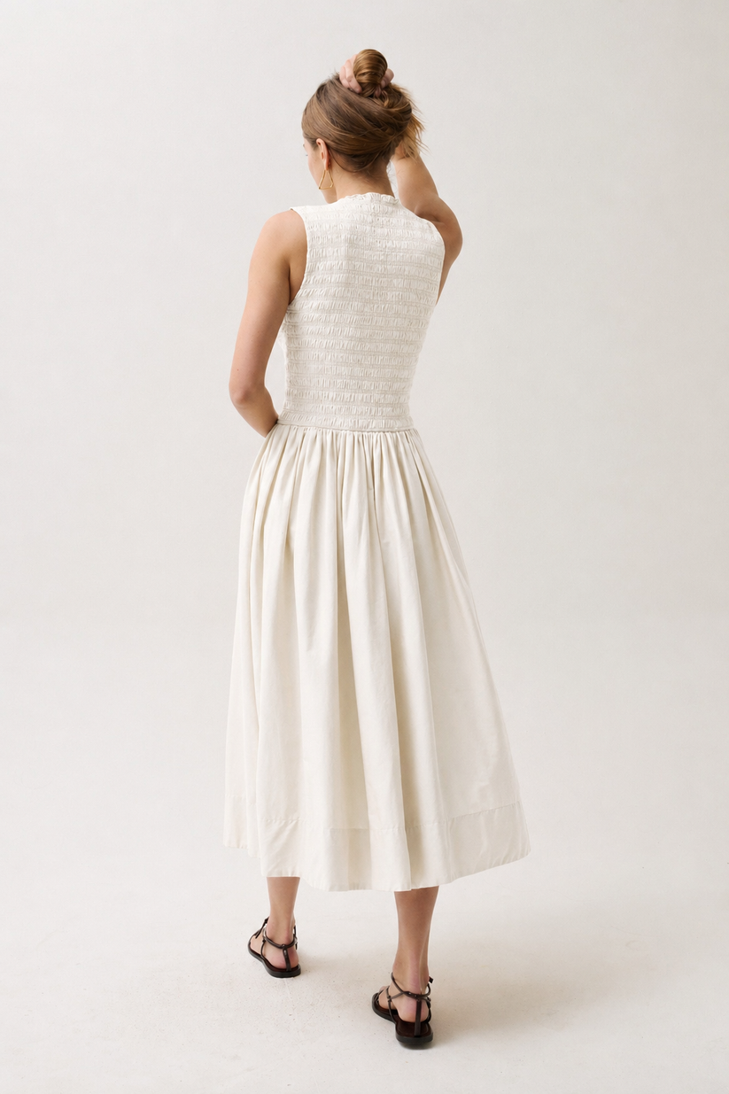 GLADYS SMOCKED BODICE DRESS OYSTER SHELL