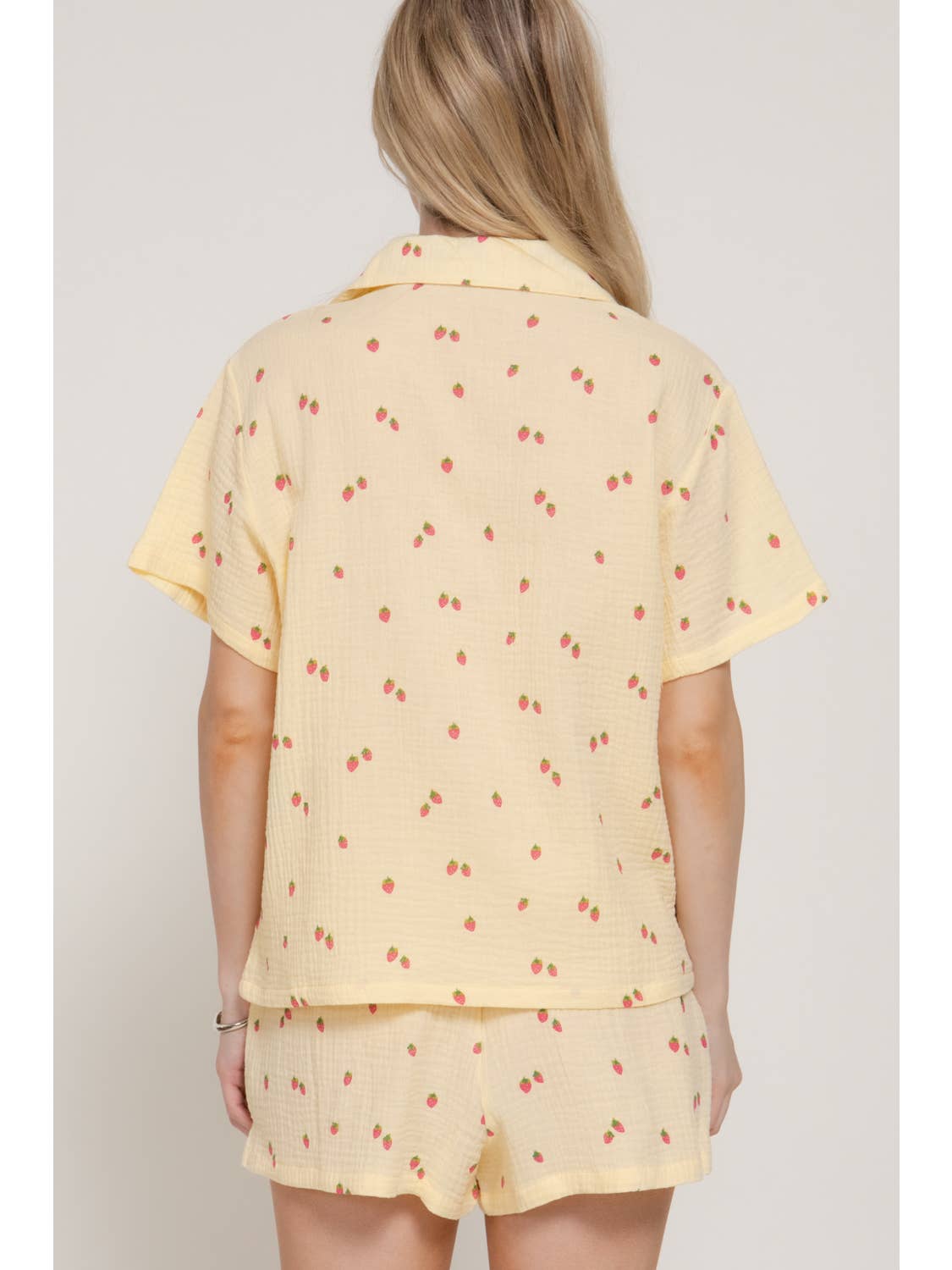 Yellow Strawberry All Over Print Short Sleeve Collar Shirt & Printed Short Set