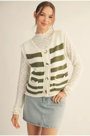 Olive Button Down Stripe Vest