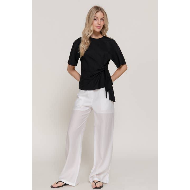 Black Short Sleeve Round Neck Knit Top with Tie Detail