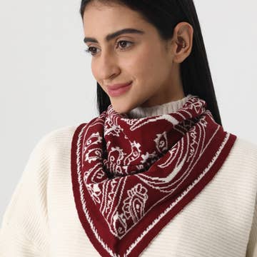 Paisley Knit Triangle Scarf - Burgundy