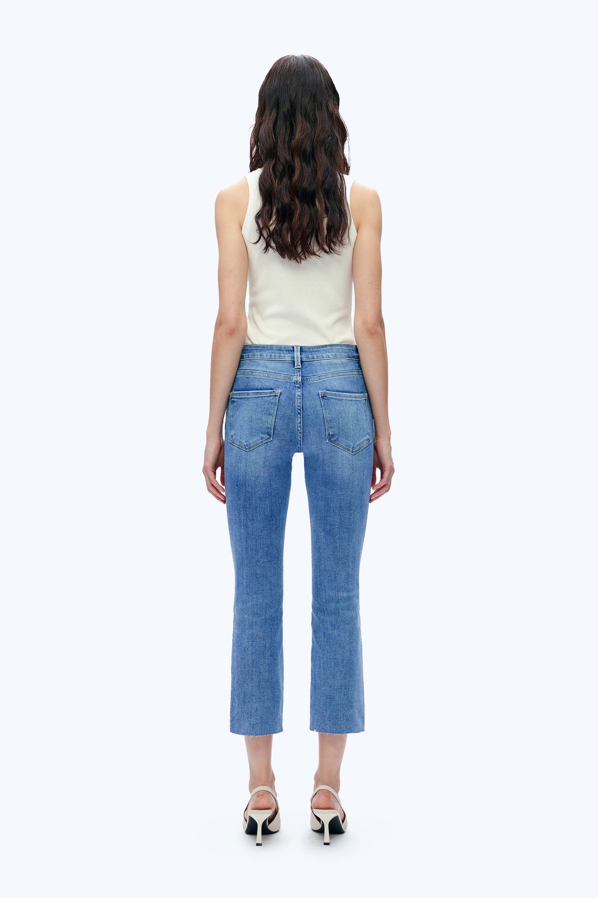 Mid Rise Cropped Raw Hem Straight Leg Jeans