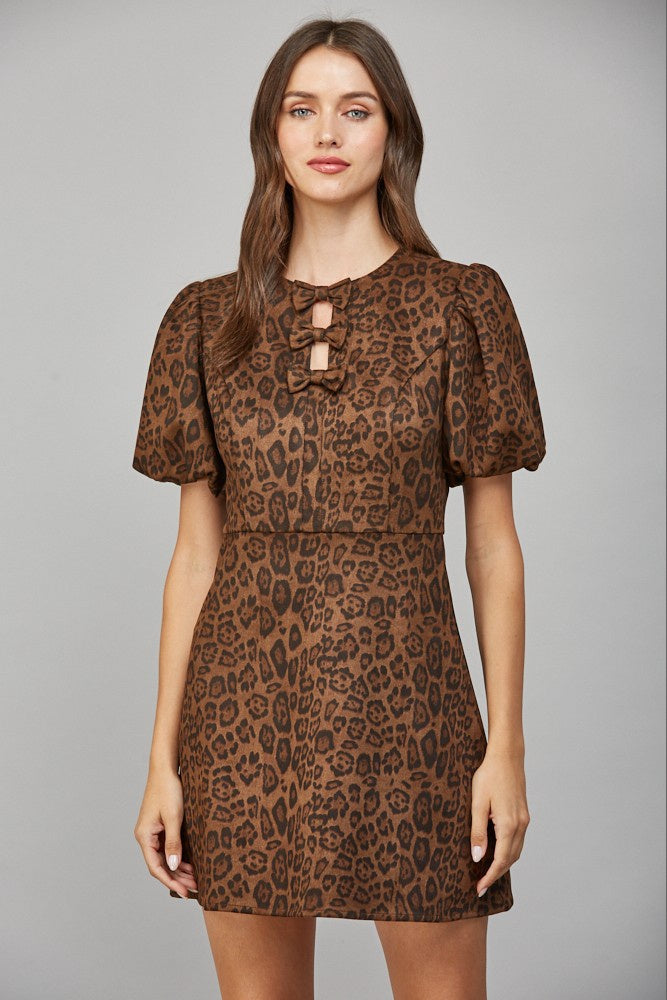 Leopard Bow Tie Front Mini Dress