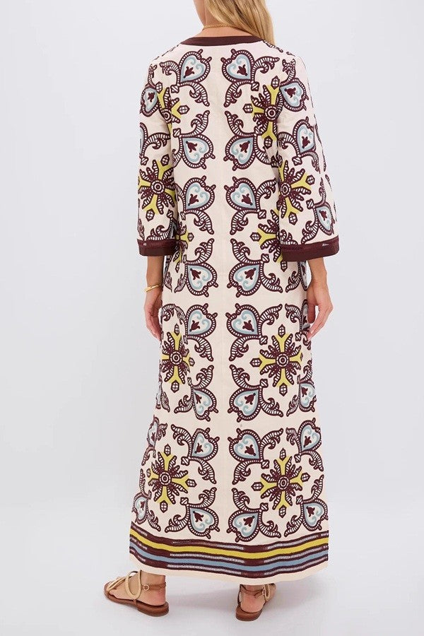 Resort Ready Printed Long Sleeve V-neck Maxi Dress