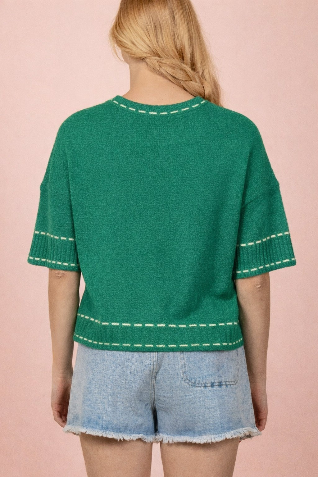 Green Stitch Detail Knit Sweater Top