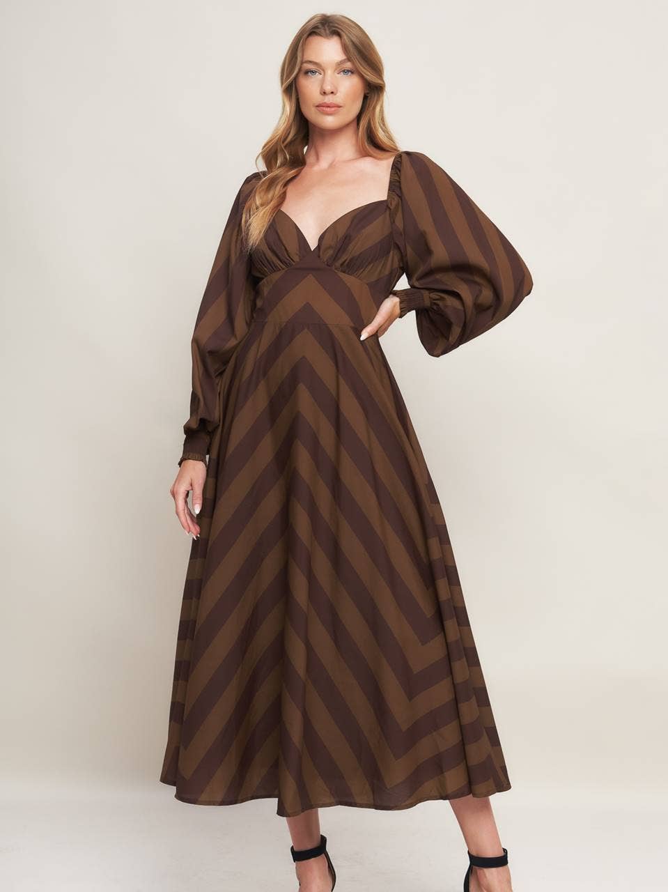 Stripe Brown Printed Woven Midi Dress