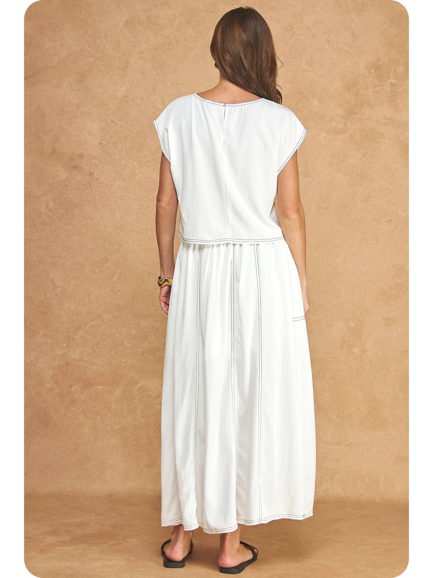 White Top Stitch Cap Sleeve Top & Midi Skirt 2-Piece Set