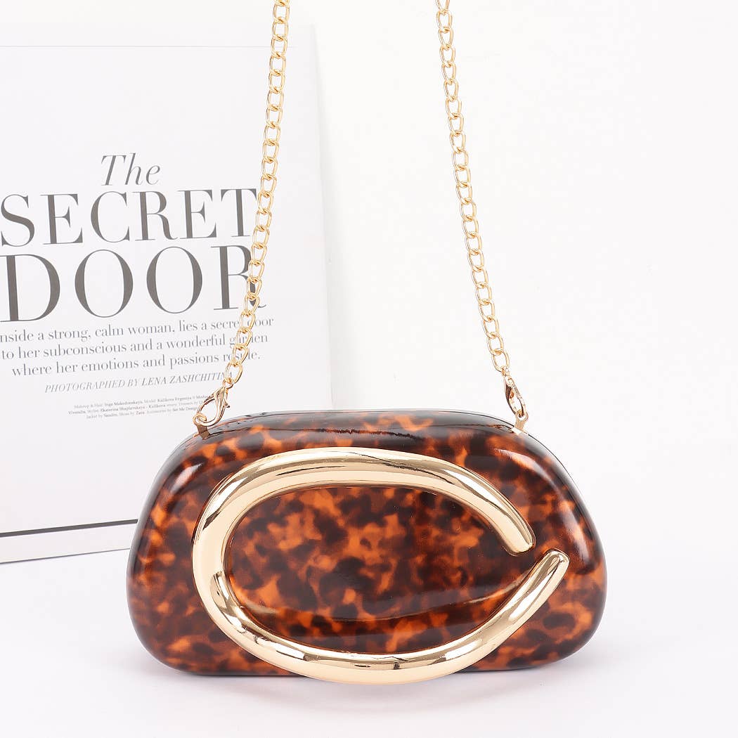 Tortoise Faux Leather Metal Handle Party Clutch