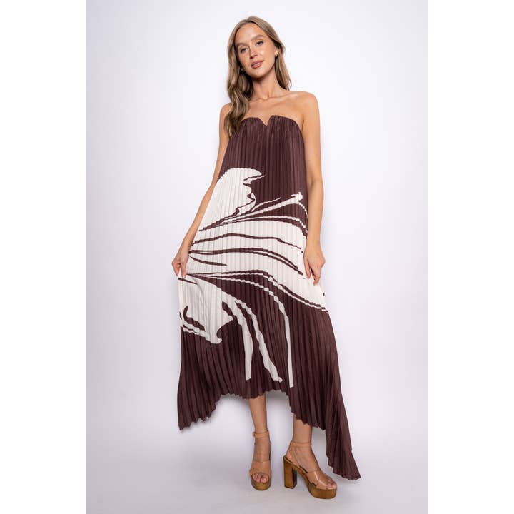 Brown Strapless Floral Print Plisse Dress