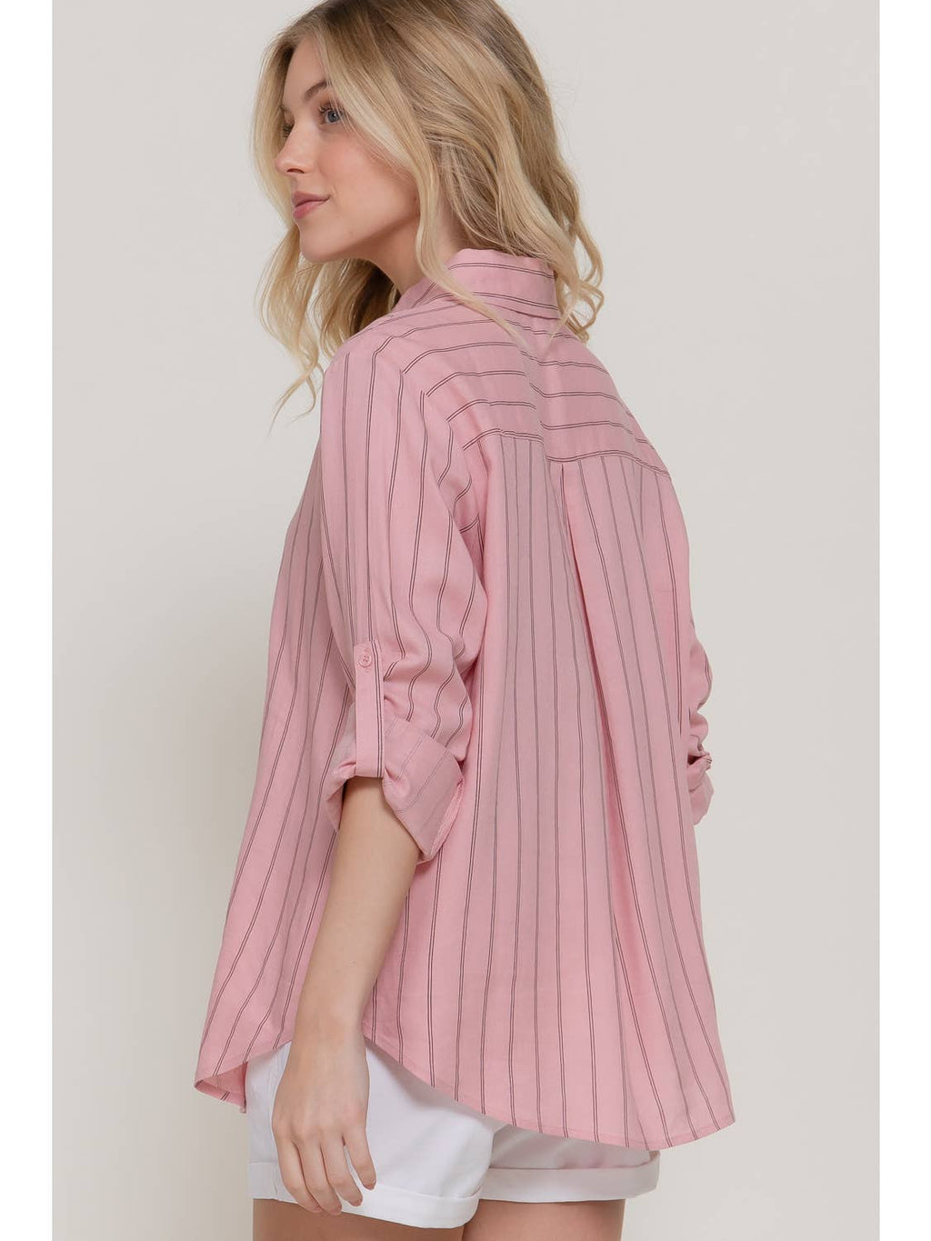Pink & Black Stripe Long Sleeve Button Down Stripe Linen Oversized Shirt
