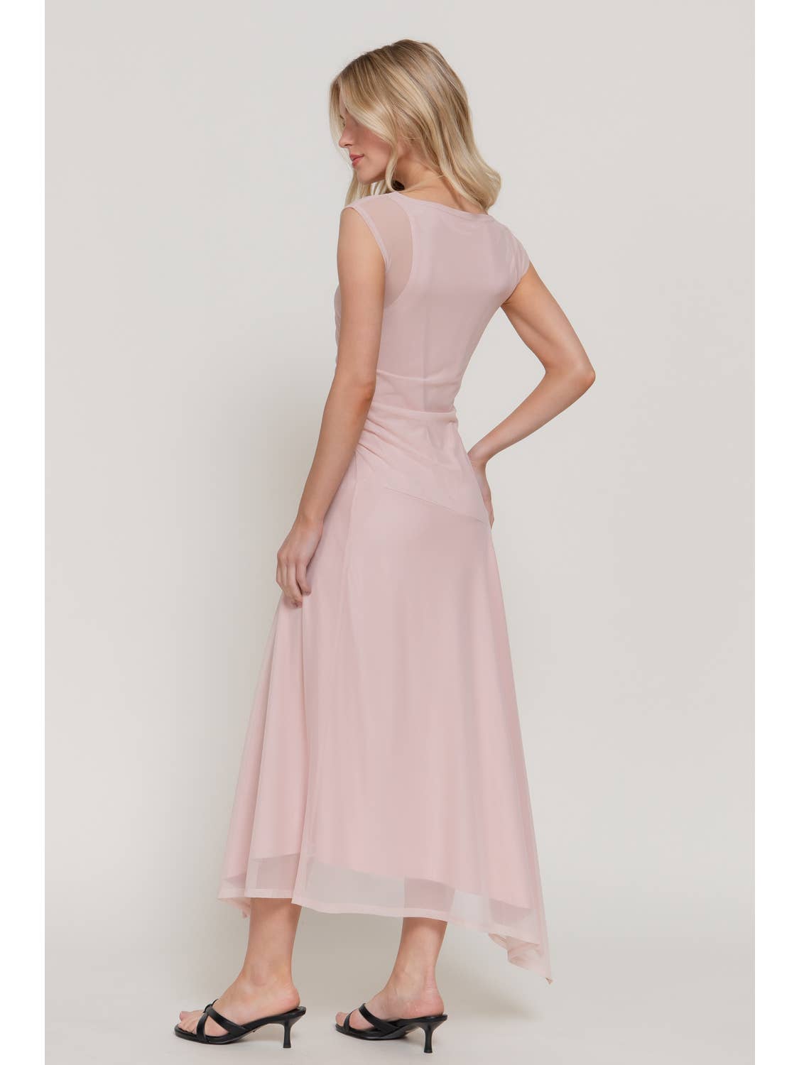 Baby Pink Sleeveless High Neck Asymmetric Gathered Mesh Midi Dress