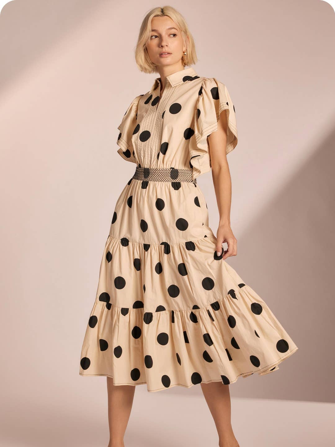 Statement Sleeve Polka Dot Midi Dress