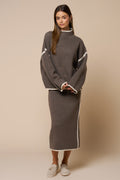 Taupe Grey Mock Neck Knit Sweater & Midi Skirt Set