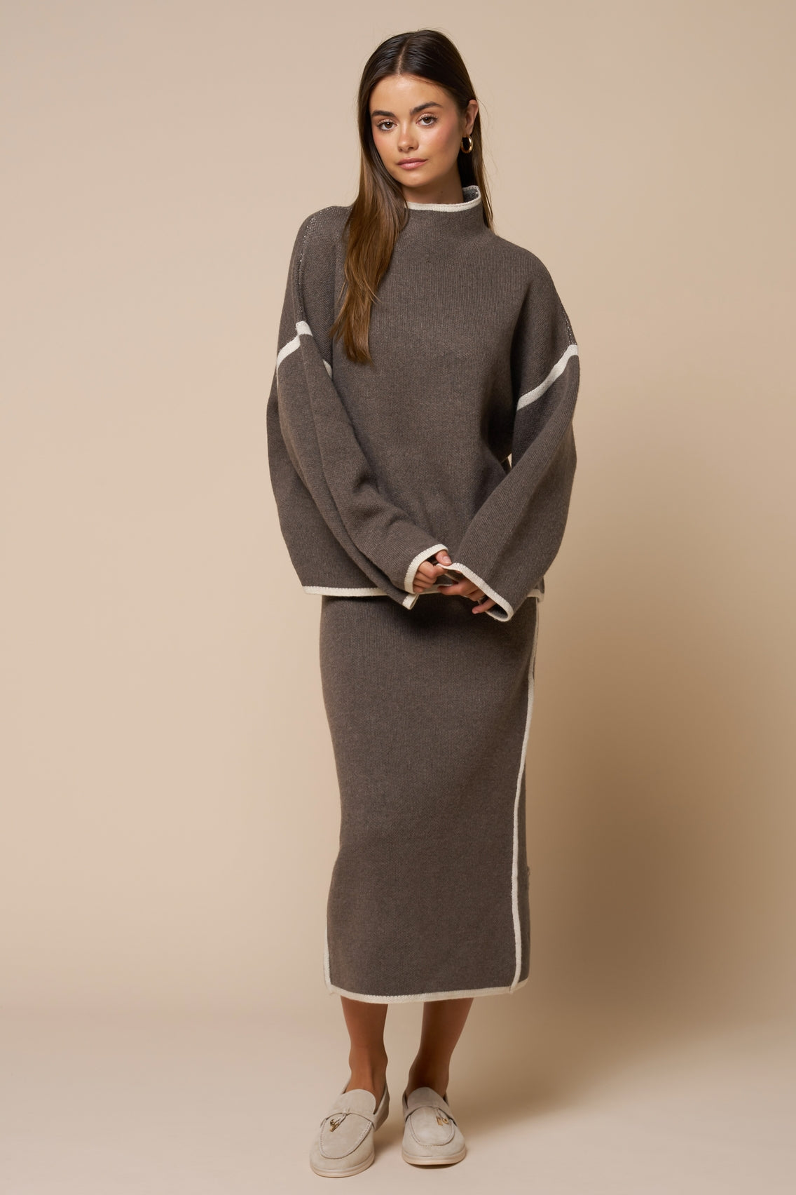 Taupe Grey Mock Neck Knit Sweater & Midi Skirt Set